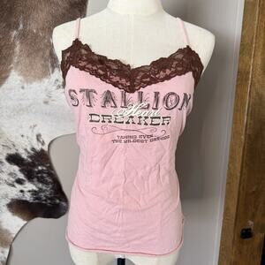 Vintage Y2K Maurices Pink Lace Trim Graphic Tank Top Heart Breaker Medium